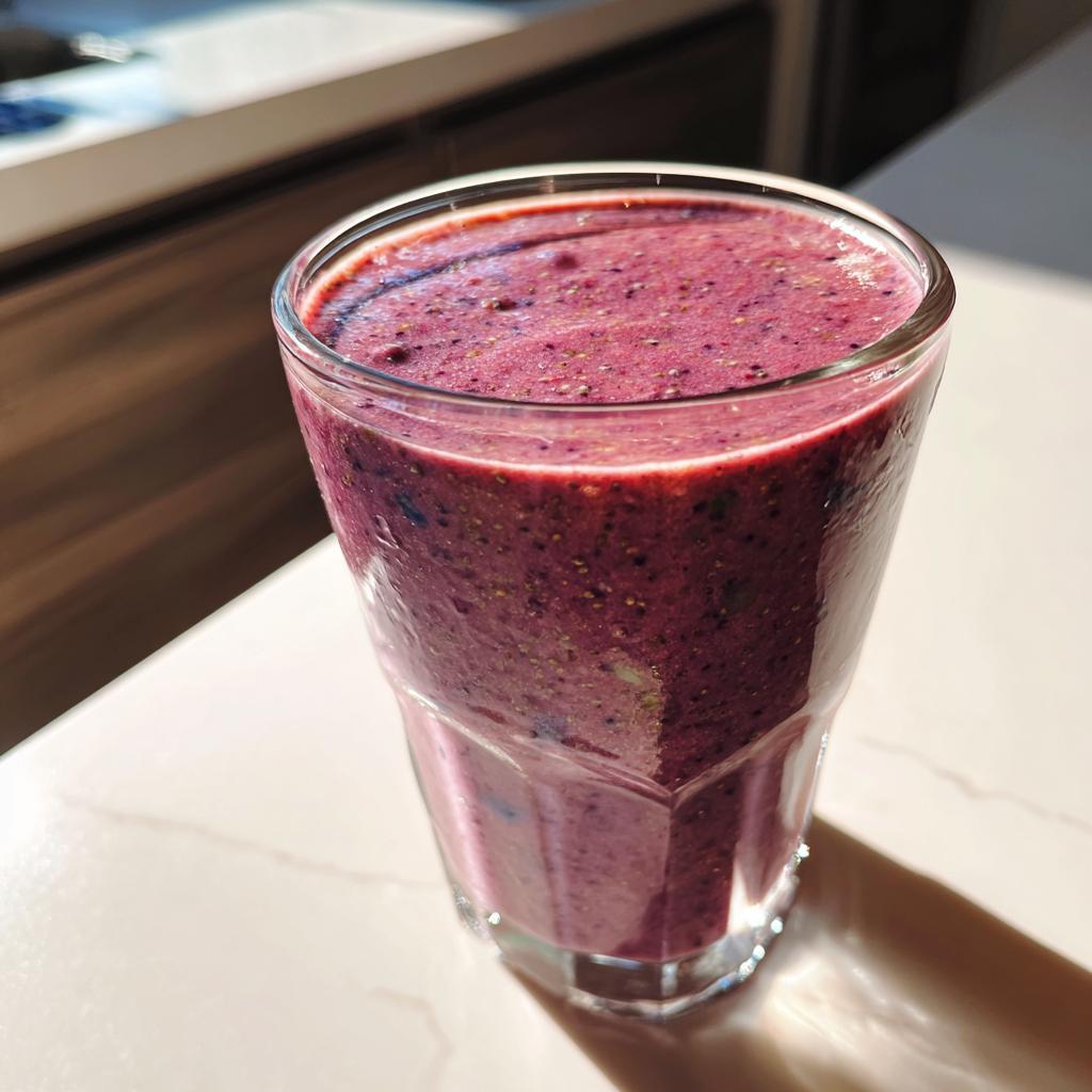 A tall glass filled with a thick, deep purple, healthy smoothie, perfect for energy.