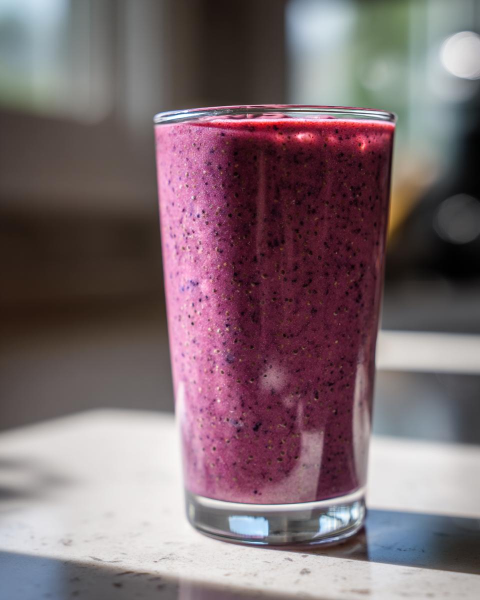 Close-up of a tall glass filled with a thick, vibrant purple healthy smoothie, likely containing berries and seeds.