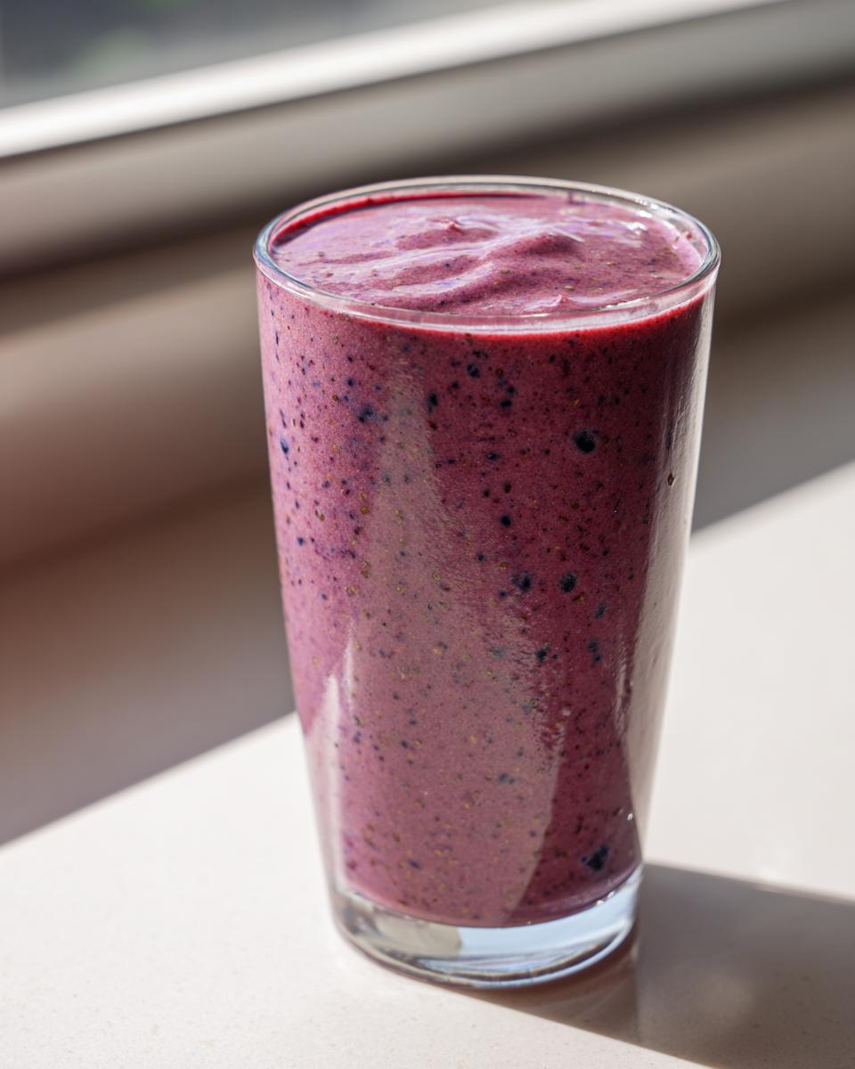 A tall glass filled with a thick, vibrant purple smoothie, perfect for your healthy smoothie fuel goals.