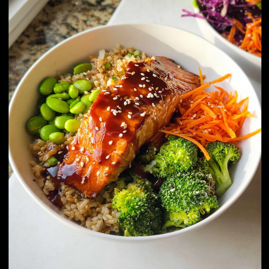 A close-up of a Healthy Teriyaki Salmon and Broccoli Bowl featuring glazed salmon, brown rice, edamame, broccoli, and shredded carrots.
