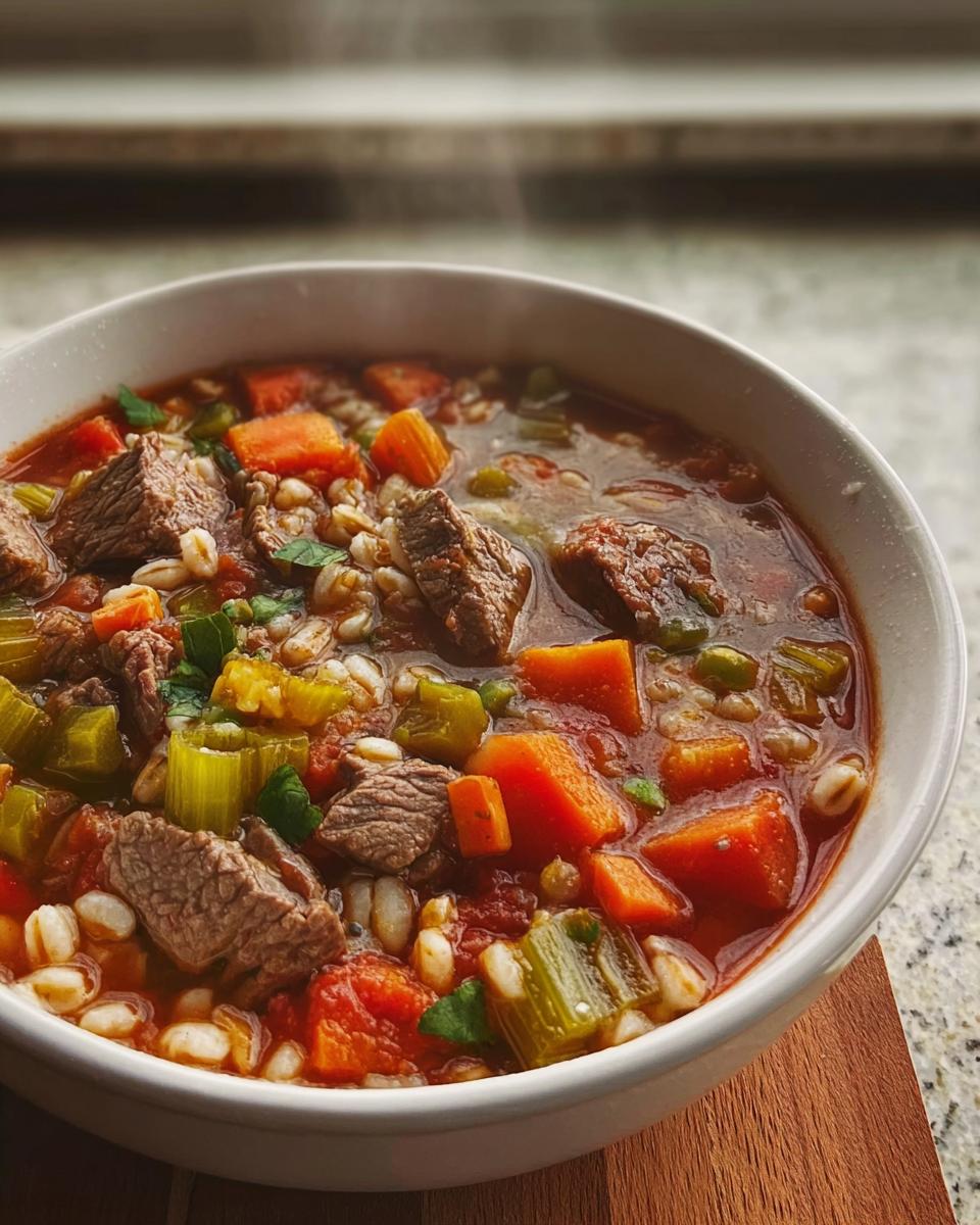 Close-up of a steaming white bowl filled with Hearty Beef and Vegetable Barley Soup, showing chunks of beef, carrots, celery, and barley.
