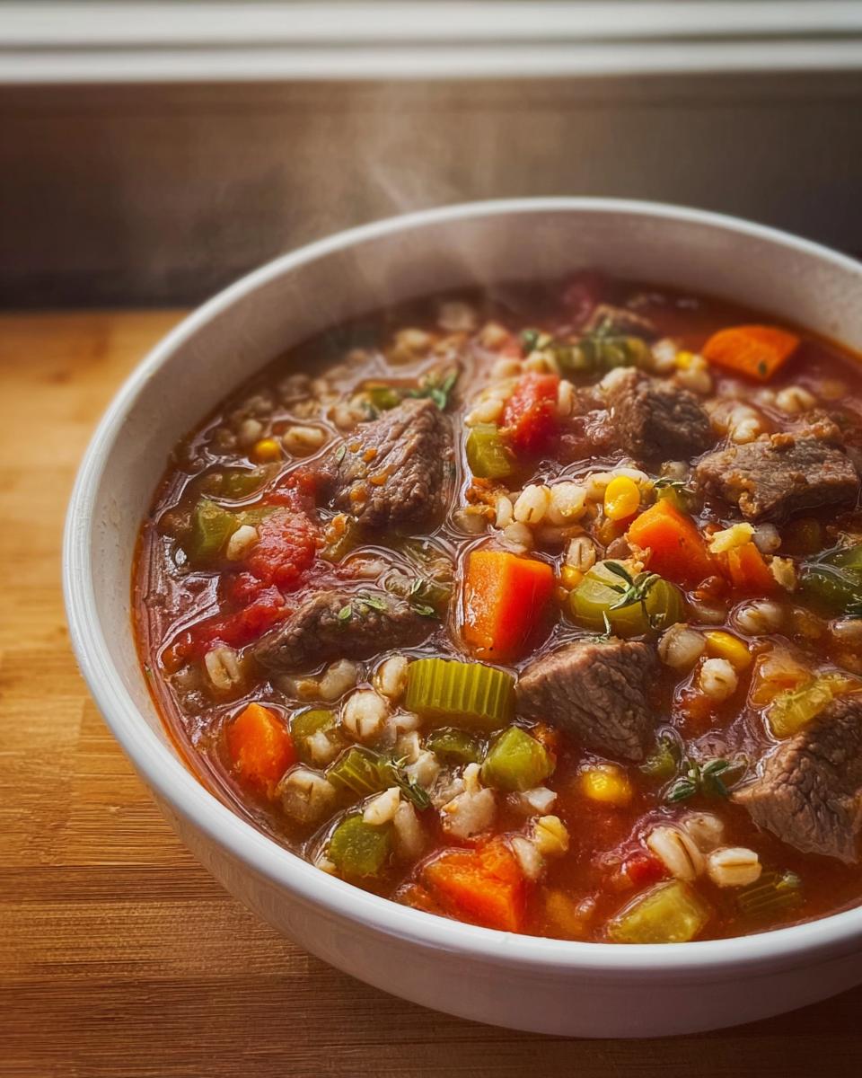 Close-up of a steaming white bowl filled with Hearty Beef and Vegetable Barley Soup, showing chunks of beef, carrots, celery, and barley.