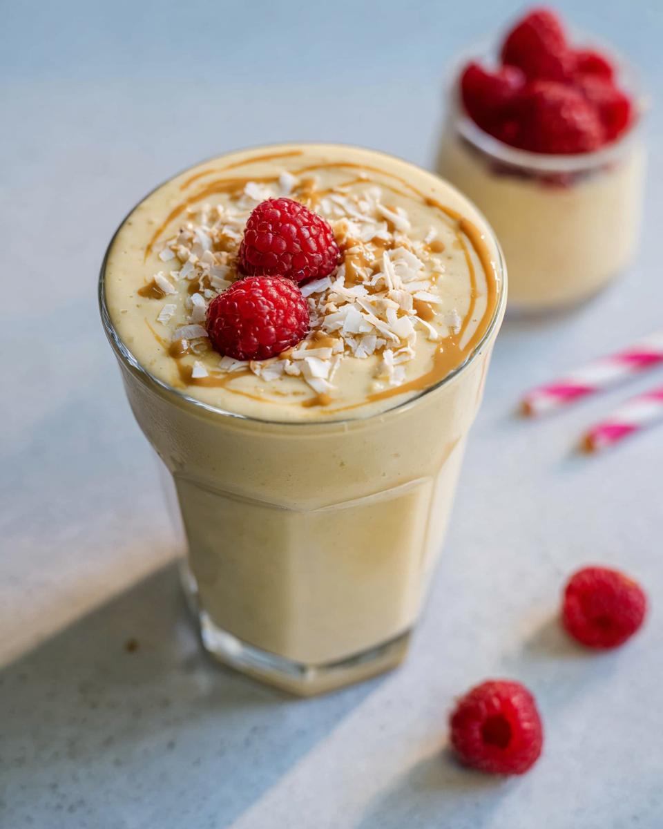Close-up of a creamy, light-colored High-Protein Fruit Smoothie topped with raspberries, coconut flakes, and peanut butter drizzle.