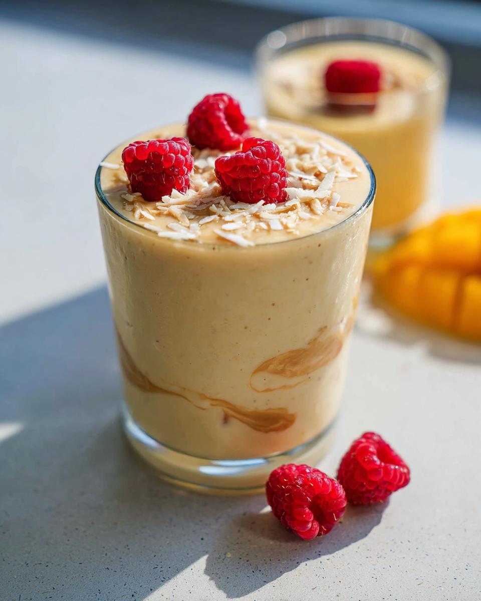 A creamy, beige High-Protein Fruit Smoothies topped with shredded coconut and fresh raspberries.