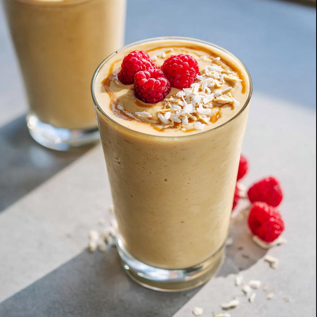 Close-up of a thick, creamy High-Protein Fruit Smoothies topped with fresh raspberries, coconut flakes, and a drizzle of caramel.