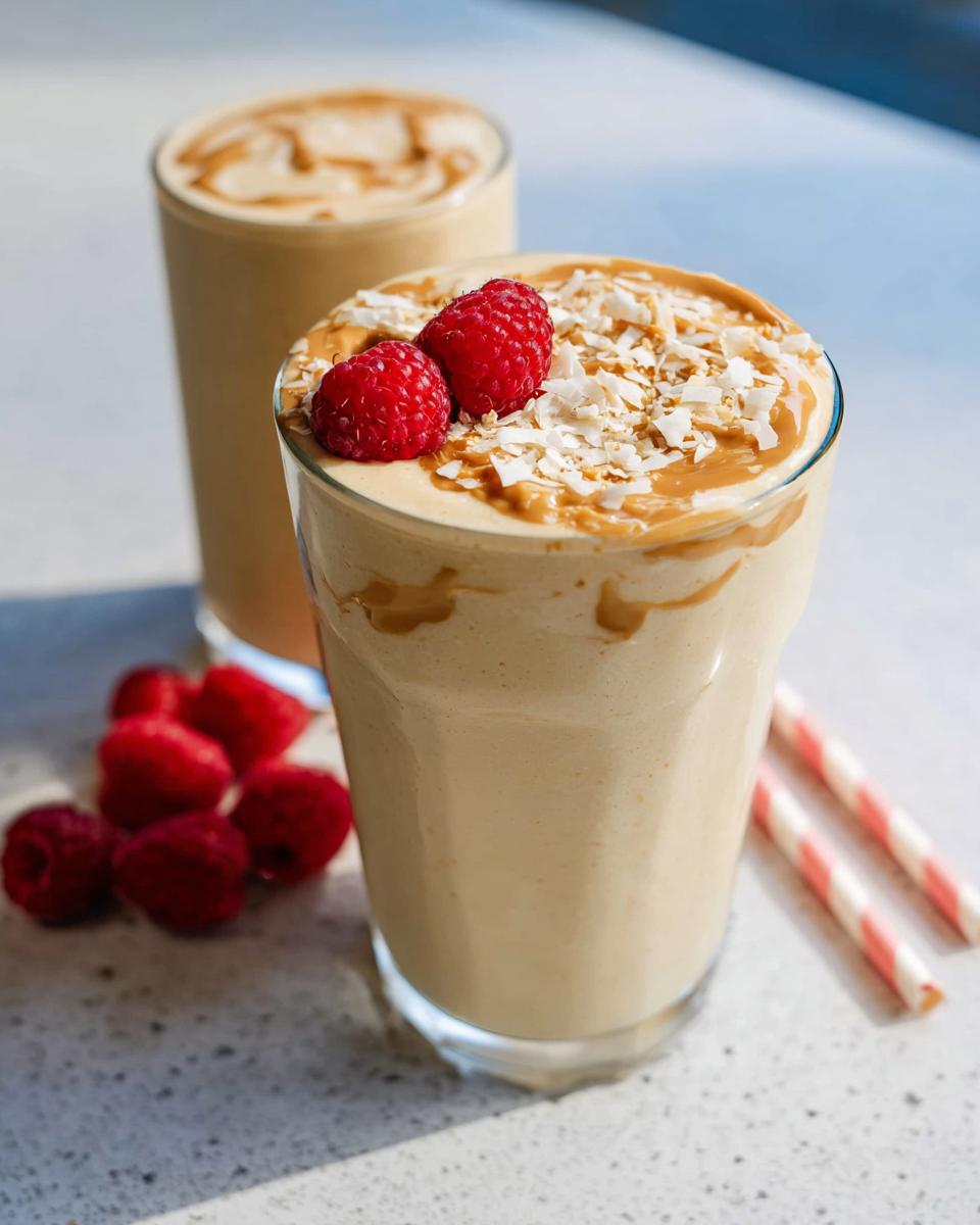 Two glasses of creamy, beige High-Protein Fruit Smoothies, one topped with peanut butter drizzle, coconut flakes, and raspberries.