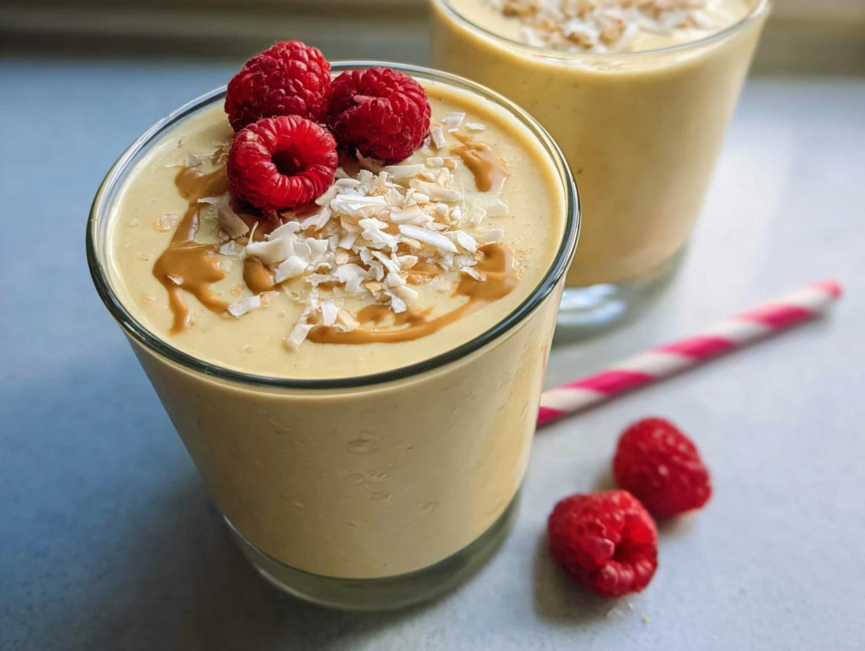 Close-up of a creamy, yellow High-Protein Fruit Smoothies topped with peanut butter drizzle, coconut flakes, and fresh raspberries.