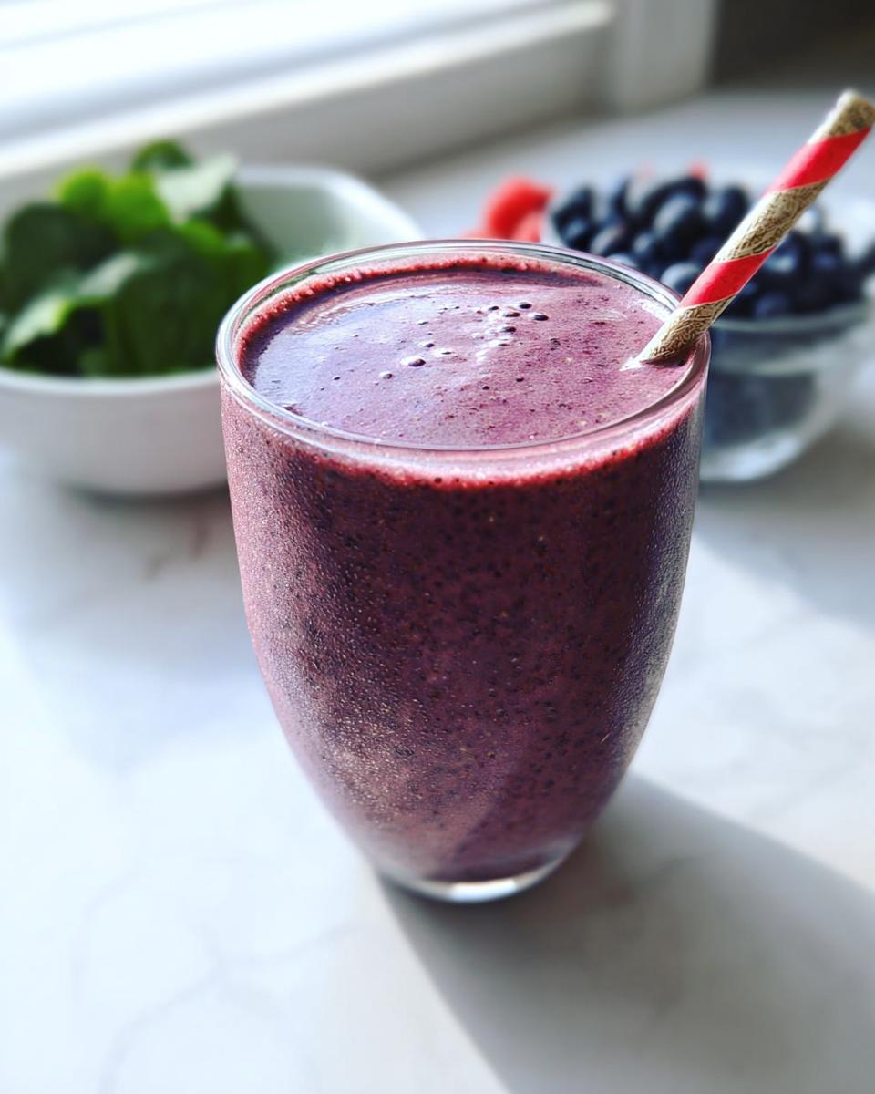 Close-up of a cold, purple, high-protein smoothie for weight loss with a striped straw, blueberries in the background.