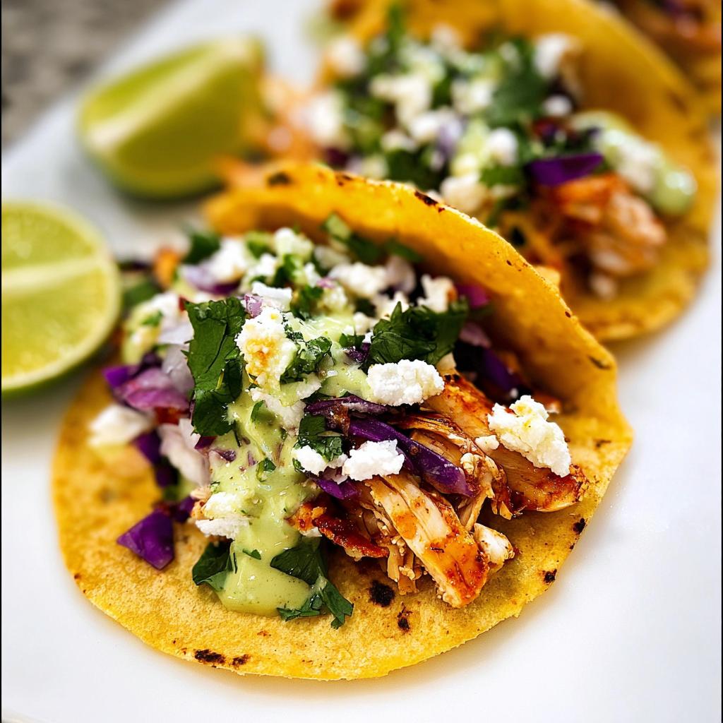 Close-up of Homemade Chicken Street Tacos filled with shredded chicken, purple cabbage, cotija cheese, and green sauce.