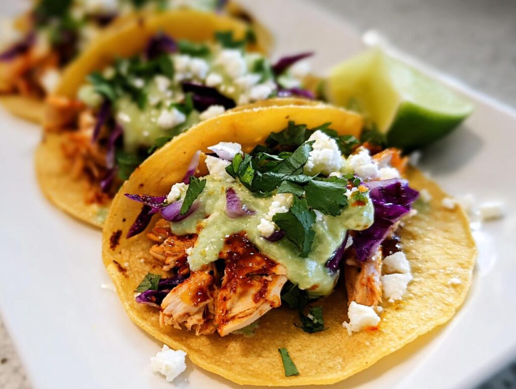 Close-up of delicious Homemade Chicken Street Tacos topped with avocado crema, cotija cheese, and cilantro.