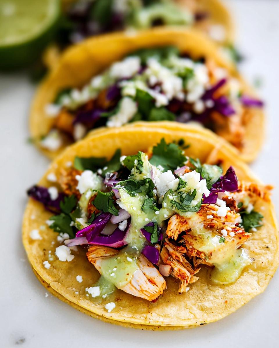 Close-up of a Homemade Chicken Street Taco filled with shredded chicken, red cabbage, cheese, and green sauce.
