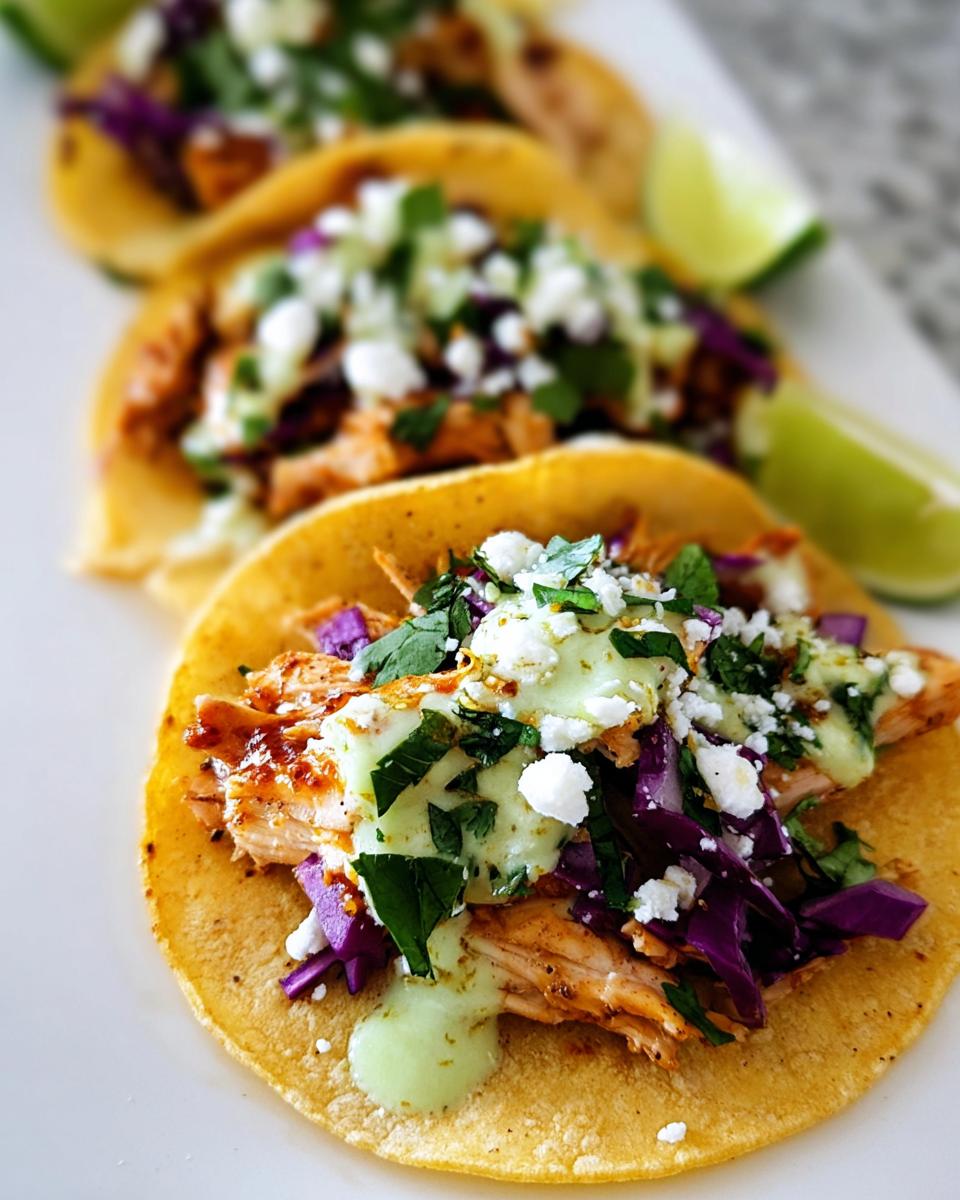 Close-up of a row of Homemade Chicken Street Tacos topped with red cabbage, cotija cheese, and green sauce.