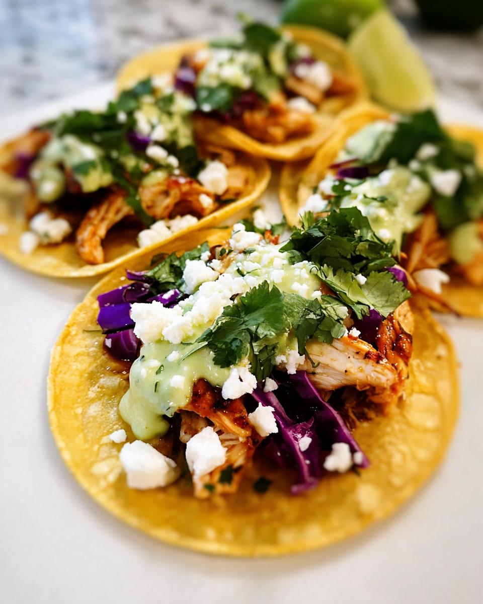 Close-up of several Homemade Chicken Street Tacos topped with purple cabbage, cotija cheese, cilantro, and avocado crema.
