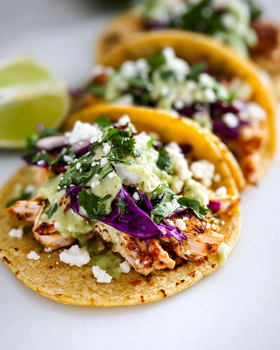 Close-up of a Homemade Chicken Street Tacos featuring grilled chicken, purple cabbage, cotija cheese, and green sauce on a corn tortilla.