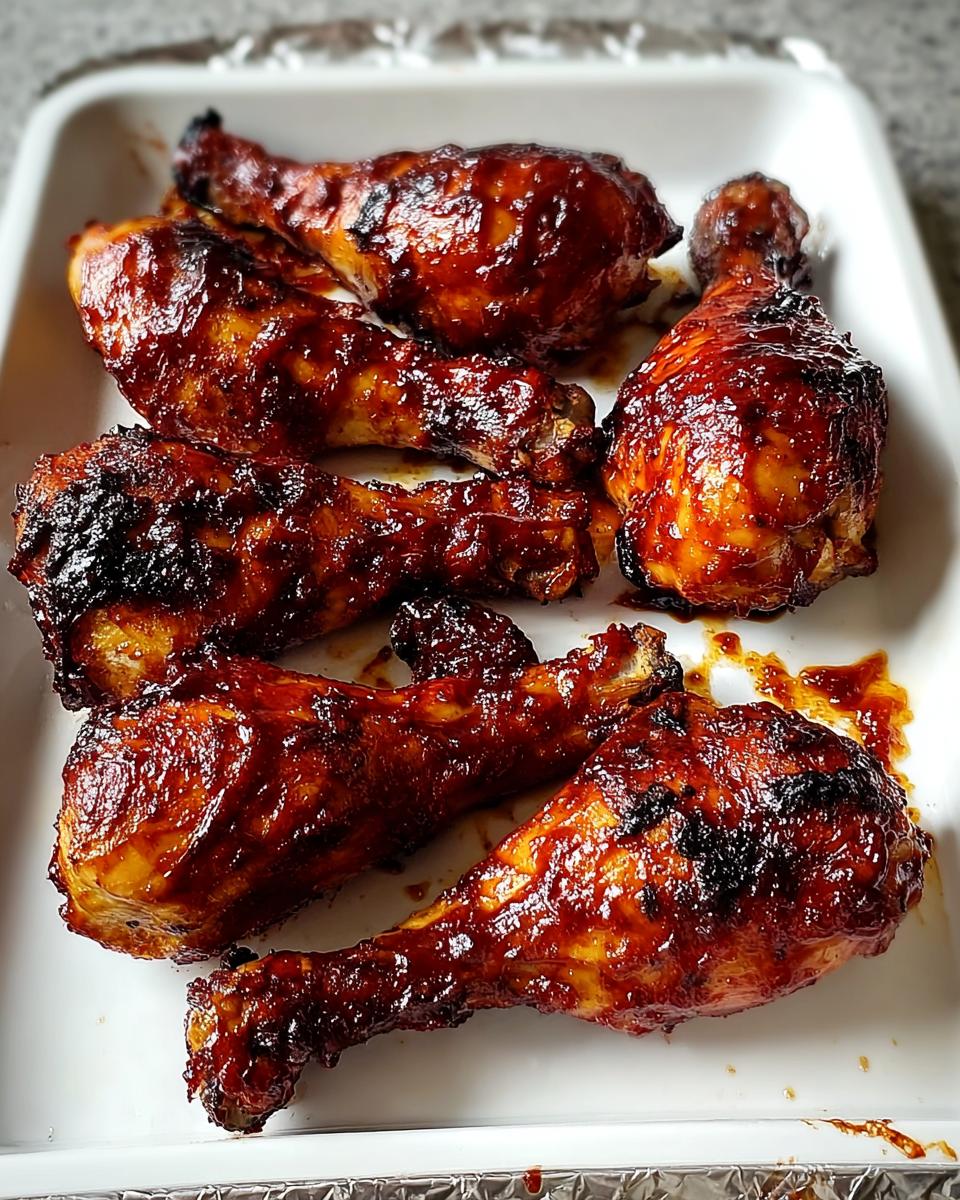 Close-up of several glossy, caramelized Honey BBQ Baked Chicken Legs resting in a white baking dish.