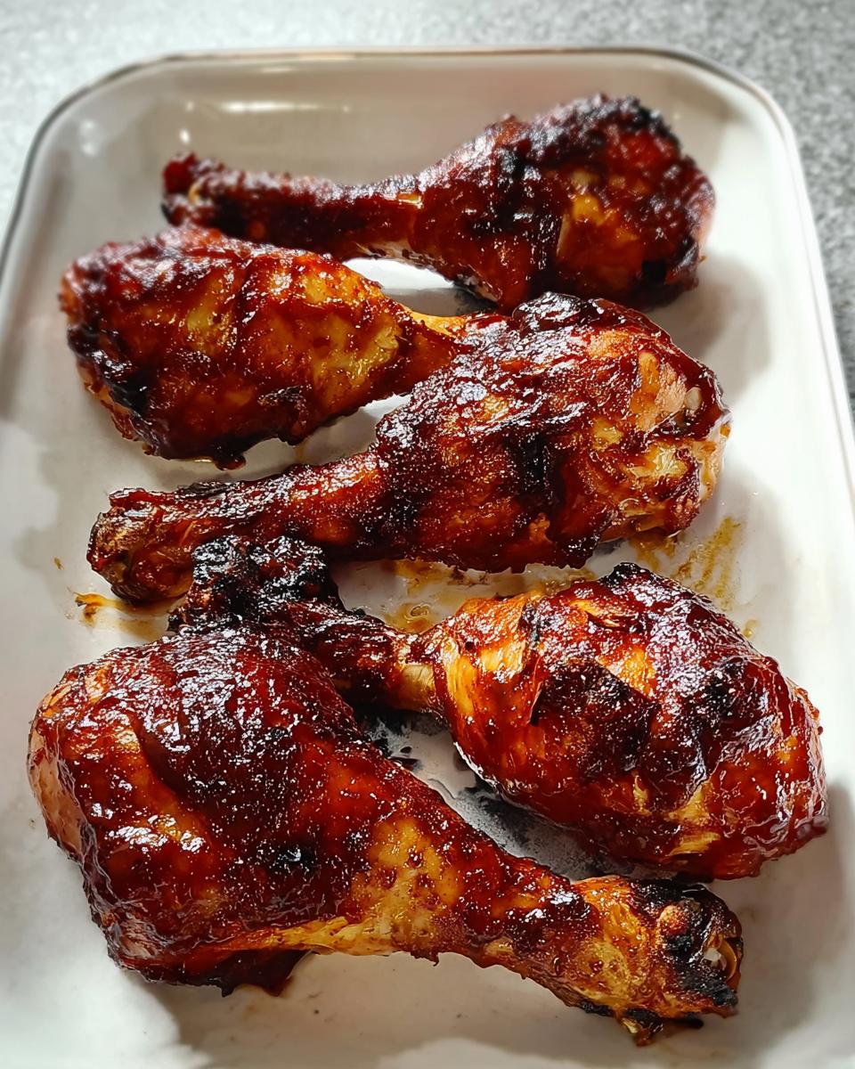 Four perfectly baked Honey BBQ Baked Chicken Legs glistening with a dark, sticky glaze in a white baking dish.