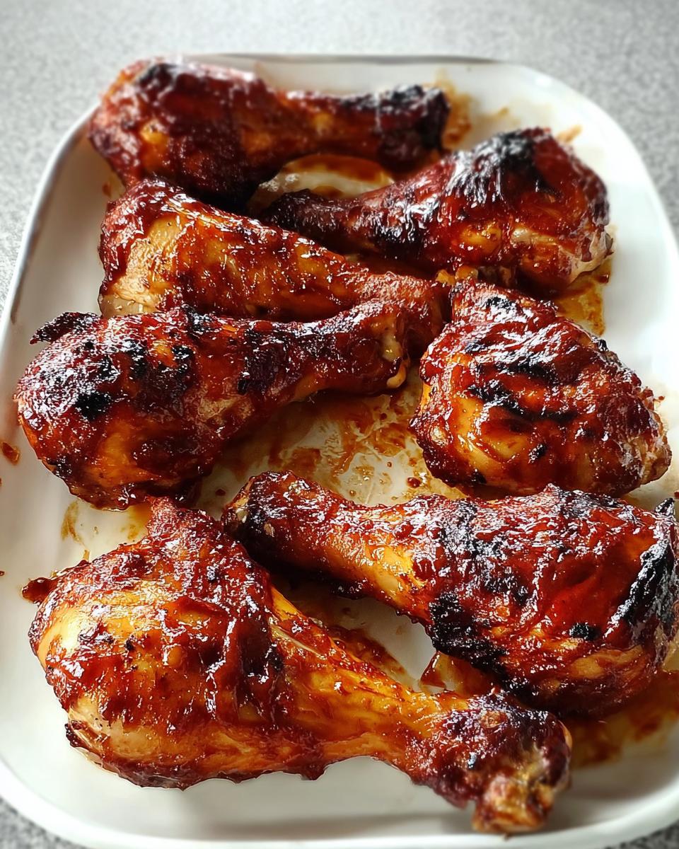Close-up of several perfectly baked Honey BBQ Baked Chicken Legs with a sticky, caramelized glaze.