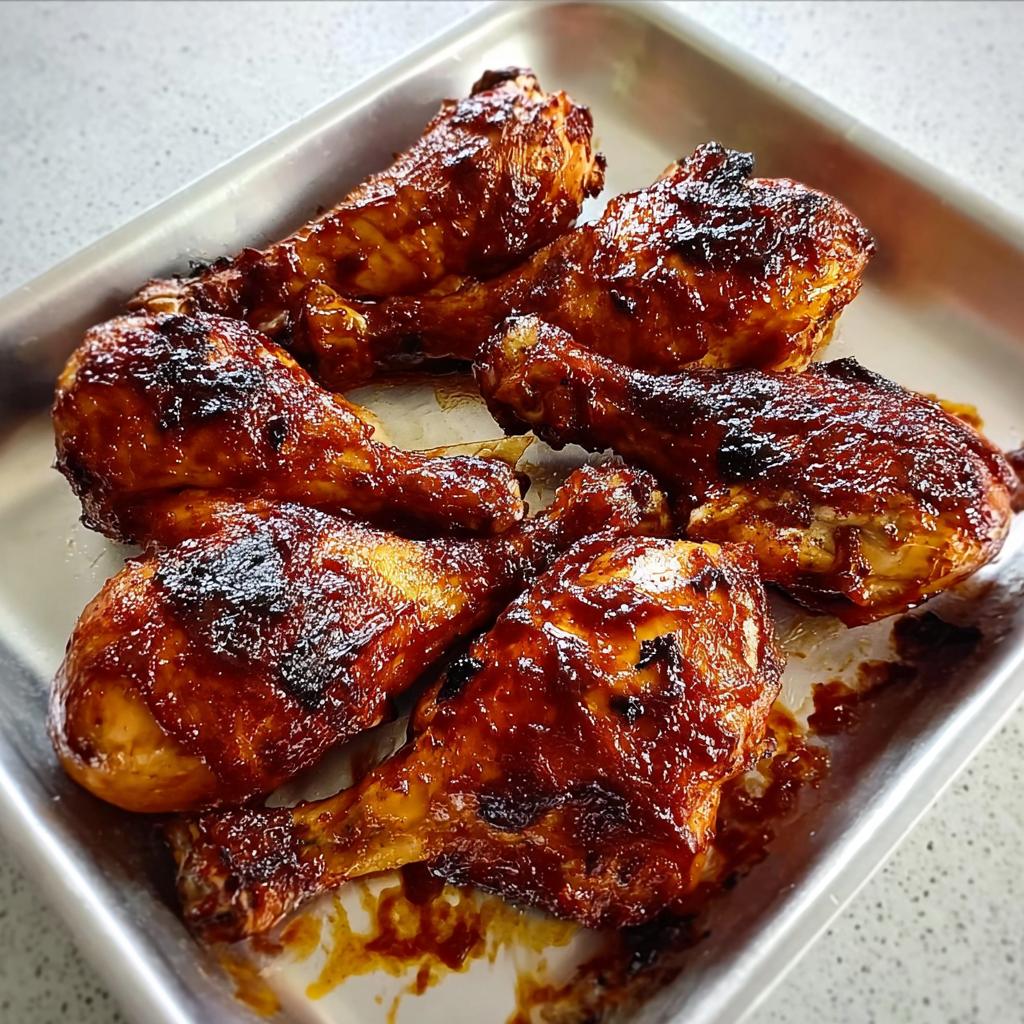 Close-up of six glossy, caramelized Honey BBQ Baked Chicken Legs fresh from the oven on a metal baking sheet.