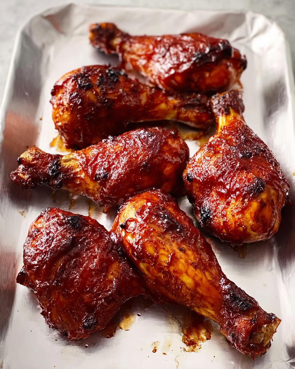 Five glistening Honey BBQ Baked Chicken Legs fresh out of the oven on a foil-lined baking sheet.