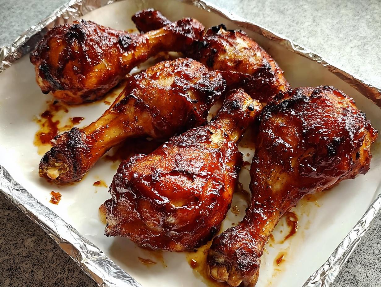 Five perfectly glazed Honey BBQ Baked Chicken Legs resting on parchment paper inside a foil-lined baking tray.