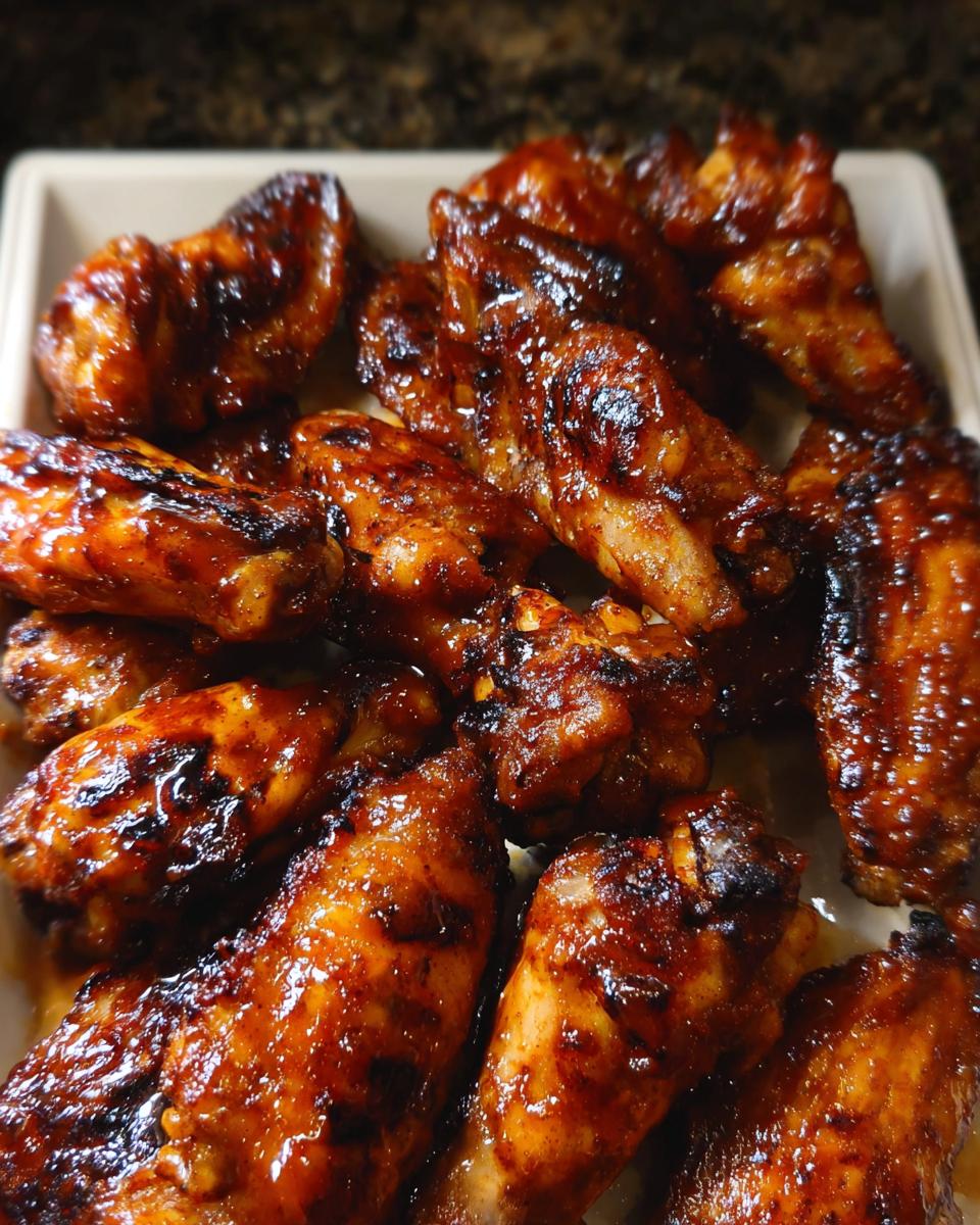 Close-up of perfectly glazed Honey BBQ Grilled Chicken Wings piled on a platter, showing caramelized sauce.