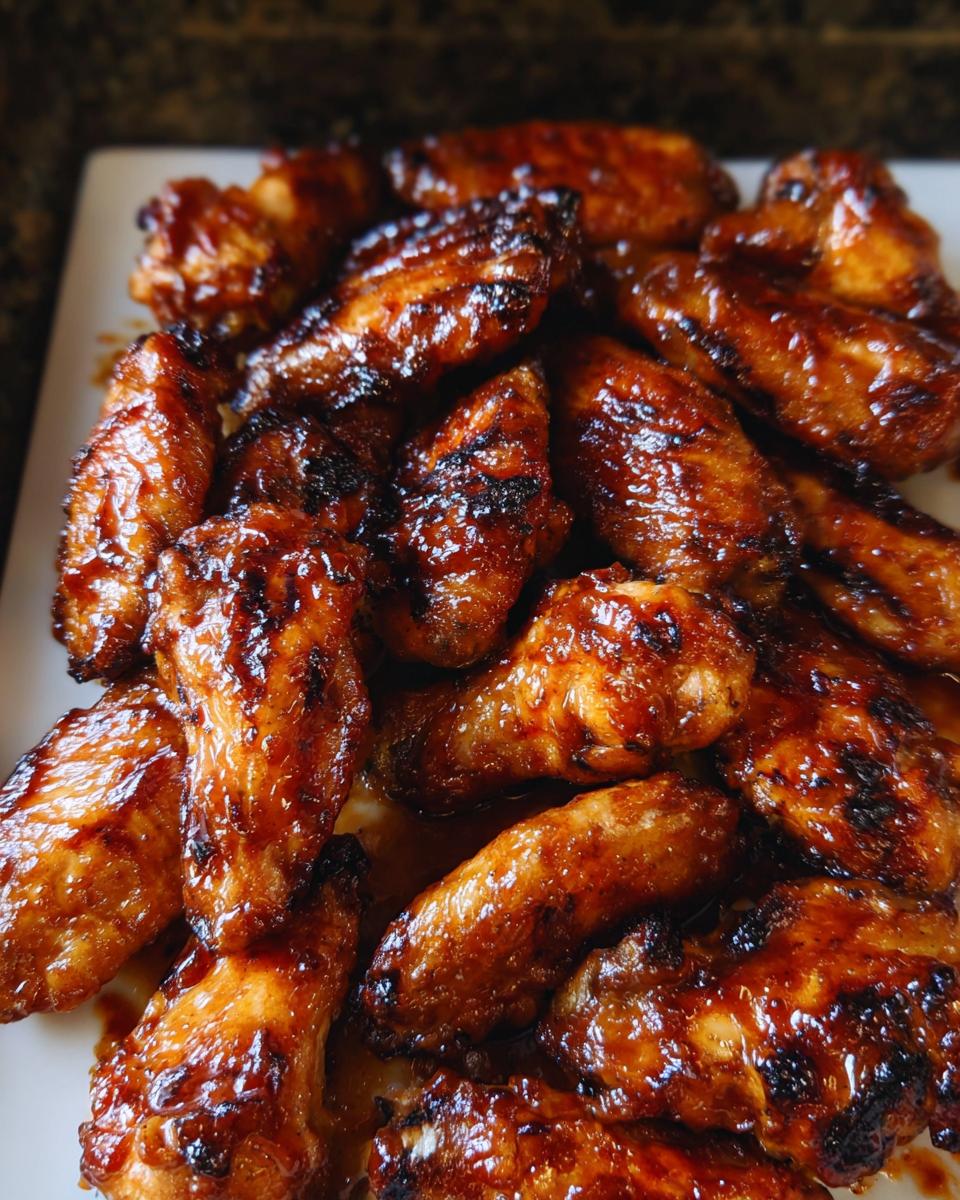 A close-up of many sticky, glazed Honey BBQ Grilled Chicken Wings piled high on a white platter.
