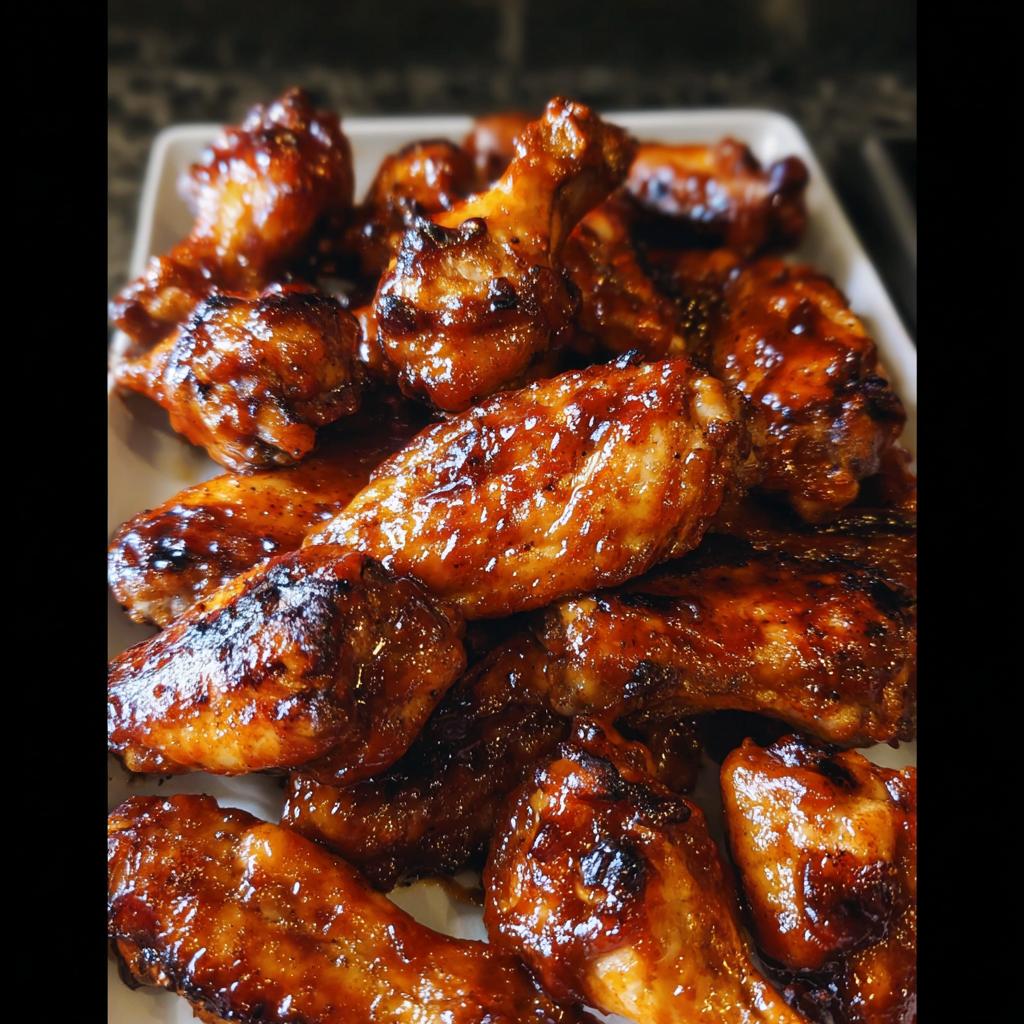 A platter piled high with glistening Honey BBQ Grilled Chicken Wings, perfectly charred and coated in a thick, sweet sauce.
