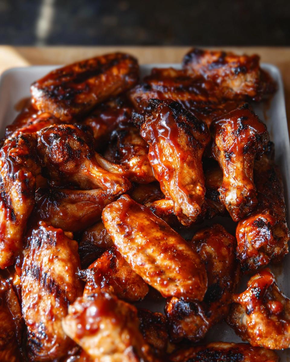 A close-up of a platter piled high with glistening Honey BBQ Grilled Chicken Wings, showing char marks and thick sauce.