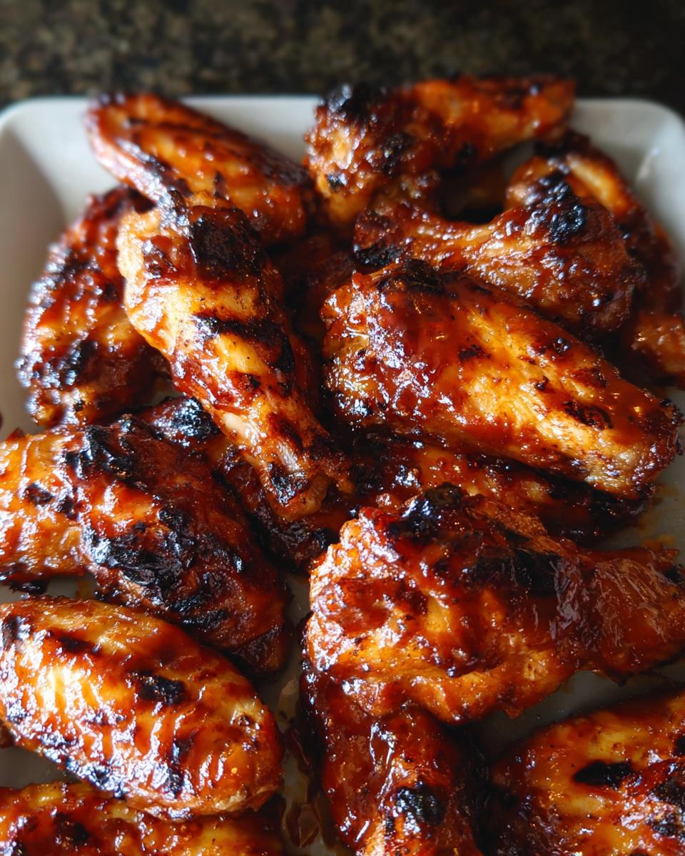 A close-up view of several juicy Honey BBQ Grilled Chicken Wings coated in a sticky, caramelized sauce.