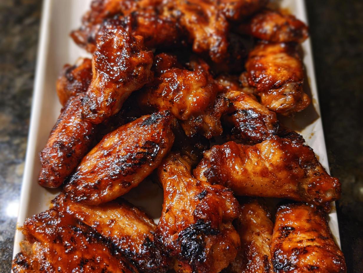 A close-up of glistening, caramelized Honey BBQ Grilled Chicken Wings piled high on a white serving platter.