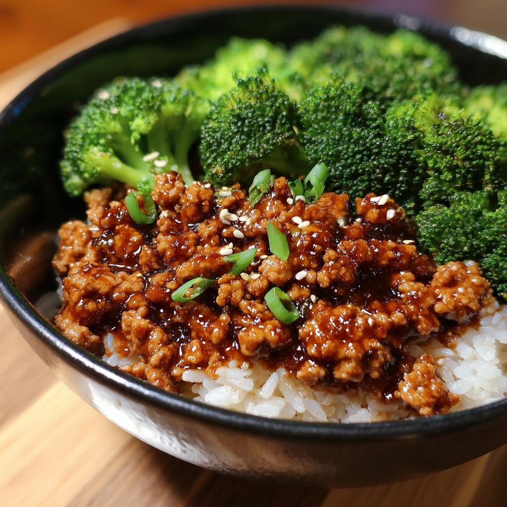 A bowl of rice topped with glazed honey garlic ground turkey and steamed broccoli florets.