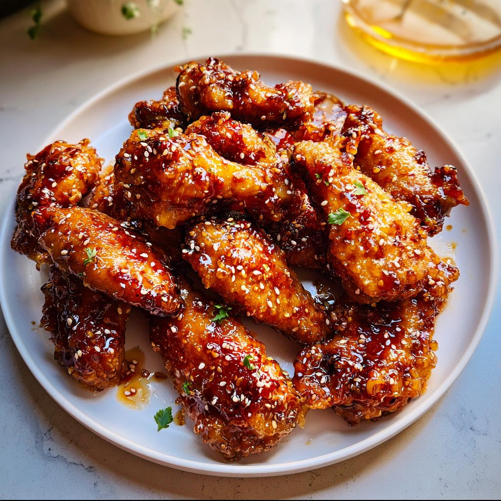 A close-up of crispy Honey Garlic Sticky Chicken Wings coated in a thick, glossy sauce and sprinkled with sesame seeds.