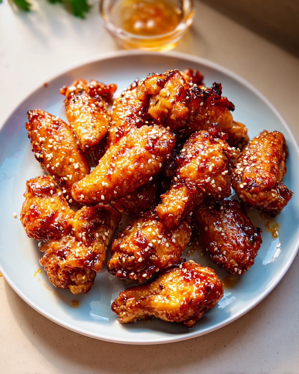 A plate piled high with glossy Honey Garlic Sticky Chicken Wings, sprinkled generously with white sesame seeds.