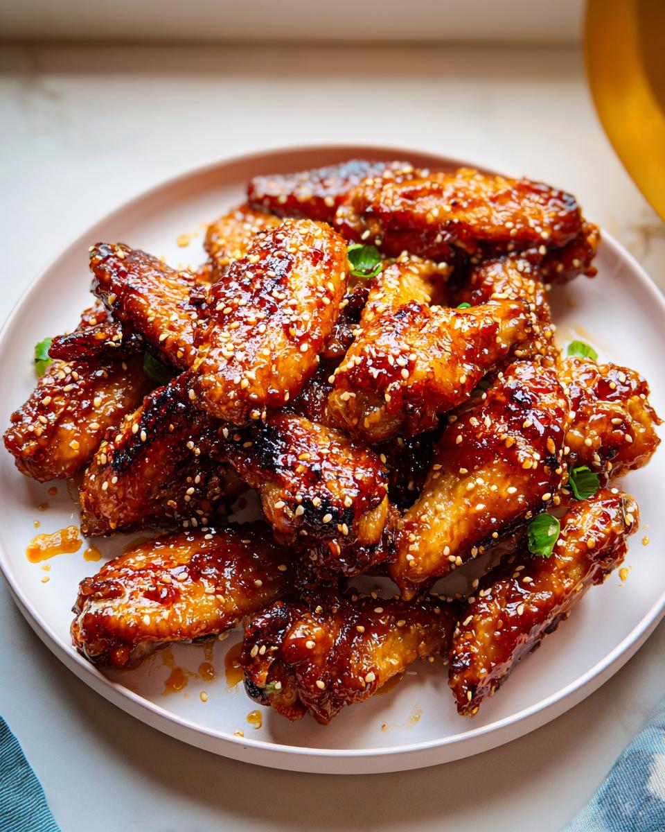 A close-up of a plate piled high with glistening Honey Garlic Sticky Chicken Wings, topped generously with sesame seeds.