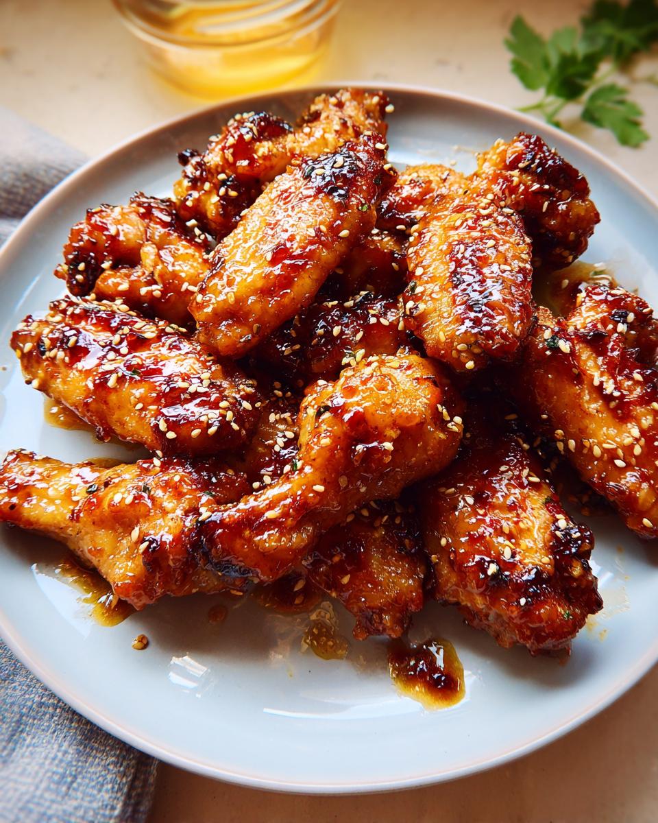 Close-up of a plate piled high with glistening Honey Garlic Sticky Chicken Wings, sprinkled with sesame seeds.