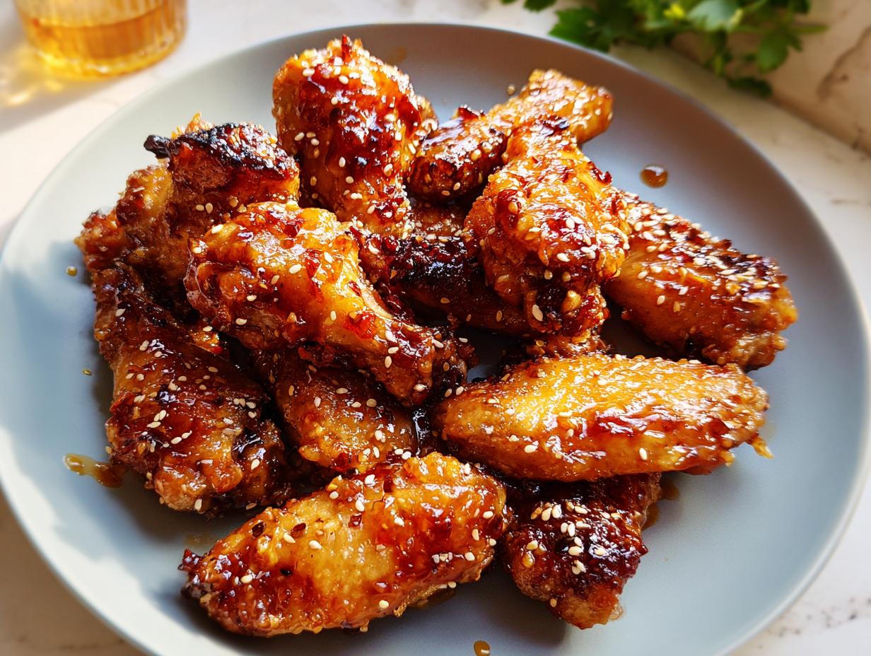 A plate piled high with Honey Garlic Sticky Chicken Wings, glazed and sprinkled with sesame seeds.