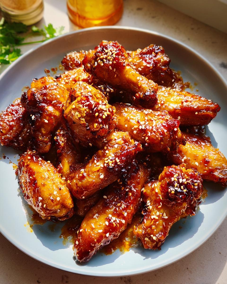 A plate piled high with glistening Honey Garlic Sticky Chicken Wings, coated in a dark glaze and sprinkled with white sesame seeds.