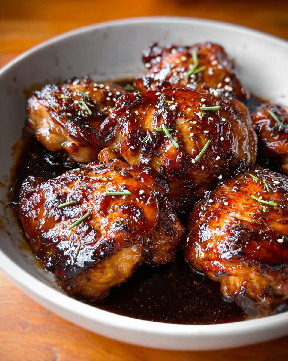 Close-up of rich, dark Honey Soy Glazed Chicken Thighs covered in sticky sauce, sesame seeds, and herbs.