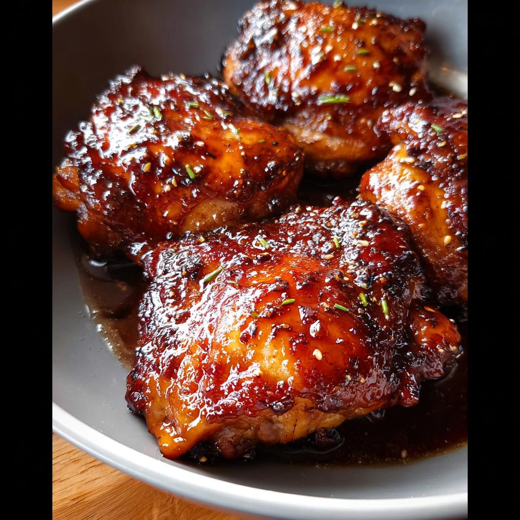 Four moist Honey Soy Glazed Chicken Thighs covered in a thick, shiny sauce and sprinkled with sesame seeds.