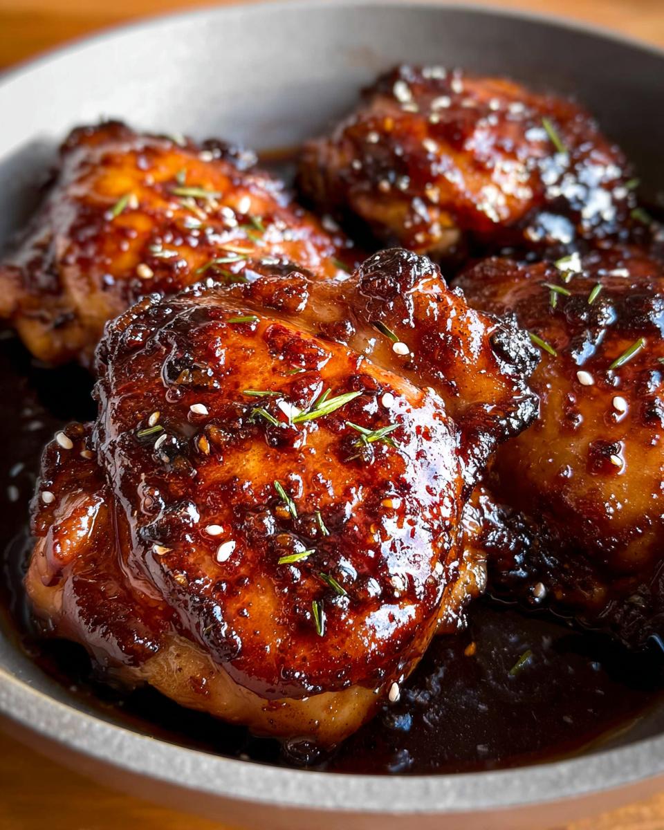Close-up of four rich, dark, and glossy Honey Soy Glazed Chicken Thighs garnished with sesame seeds and rosemary.