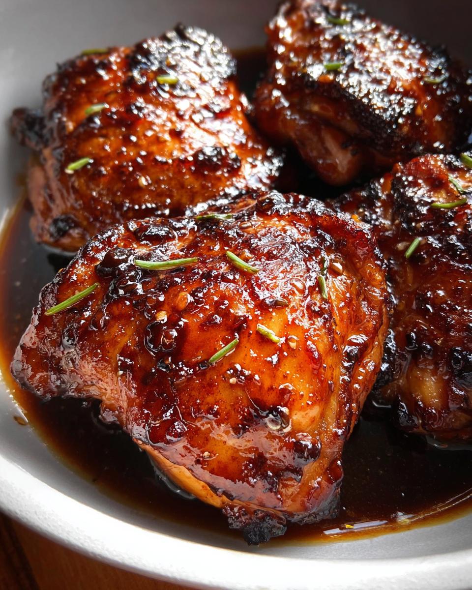 Close-up of four succulent Honey Soy Glazed Chicken Thighs coated in a dark, sticky sauce and garnished with herbs.