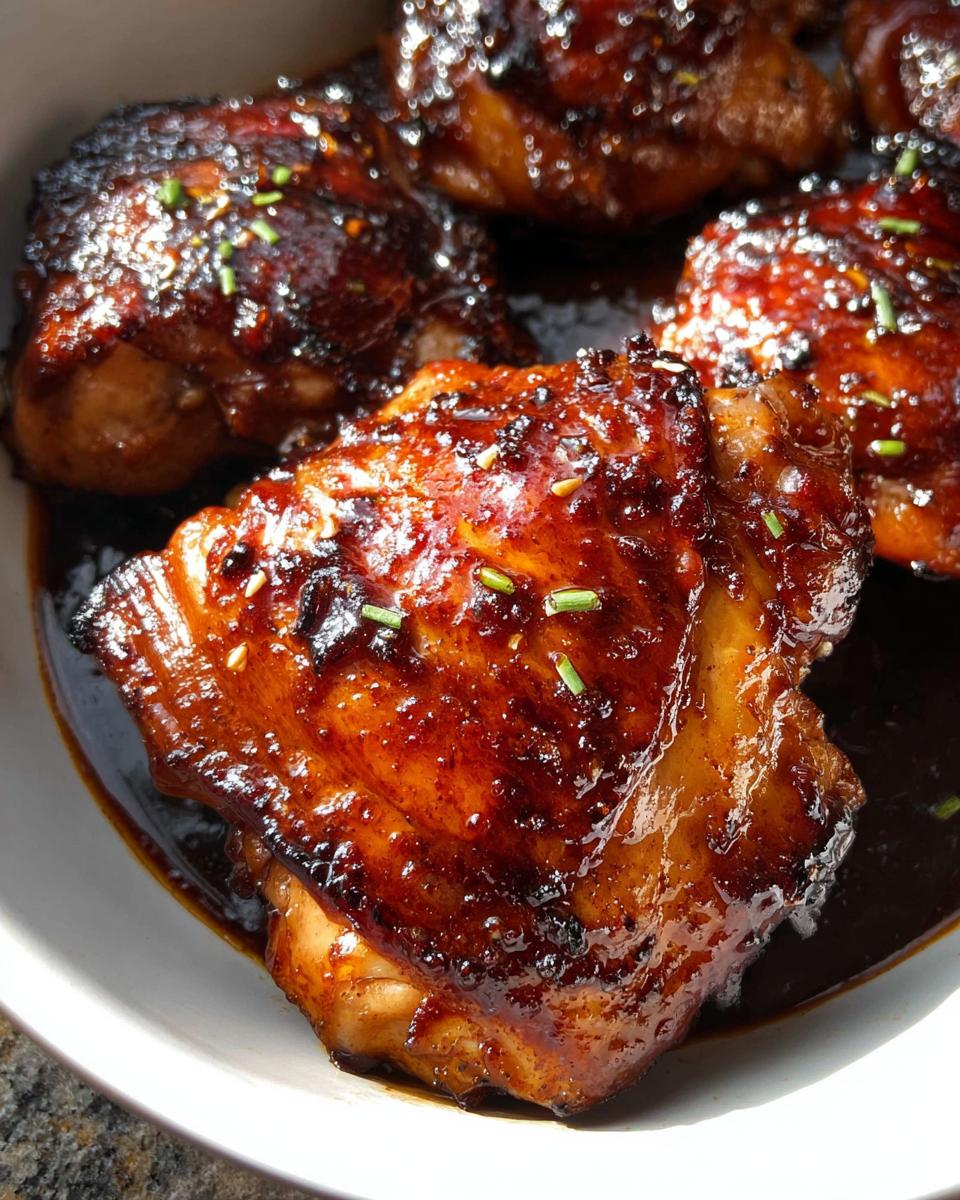 Close-up of rich, dark, glossy Honey Soy Glazed Chicken Thighs garnished with chives.