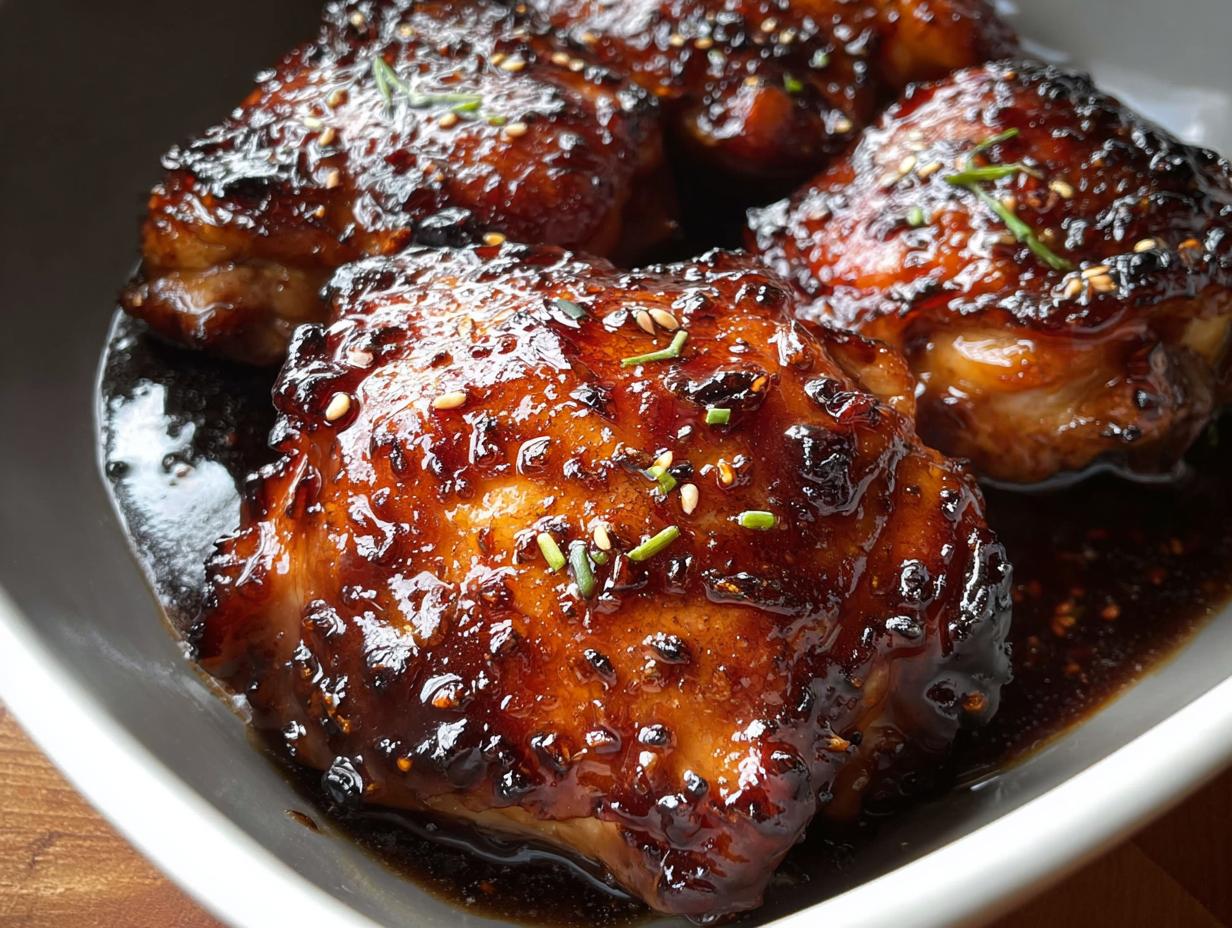 Four glistening Honey Soy Glazed Chicken Thighs coated in a thick, dark sauce and sprinkled with sesame seeds.