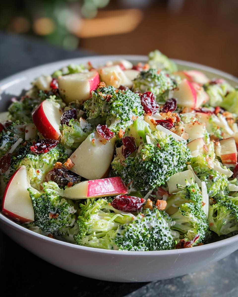 Close-up of a creamy Honeycrisp Apple Broccoli Salad featuring crisp broccoli florets, red apple slices, and dried cranberries.