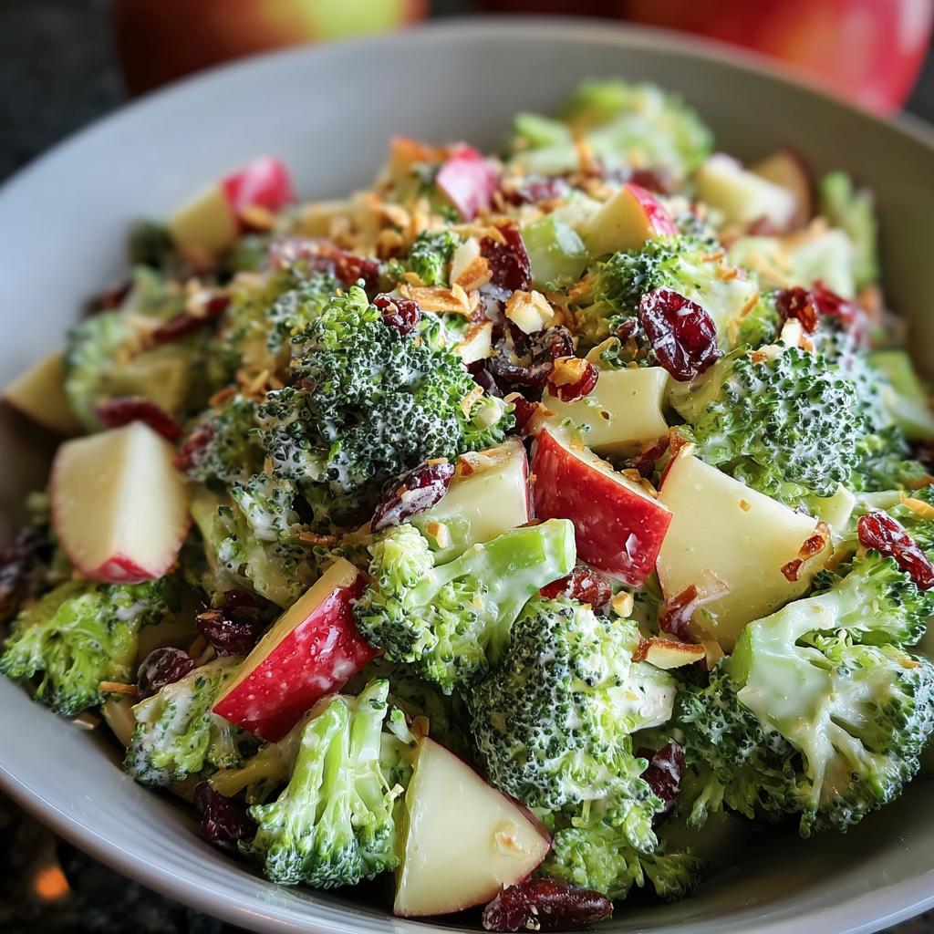 Close-up of a creamy Honeycrisp Apple Broccoli Salad featuring bright green florets, red apple chunks, and dried cranberries.