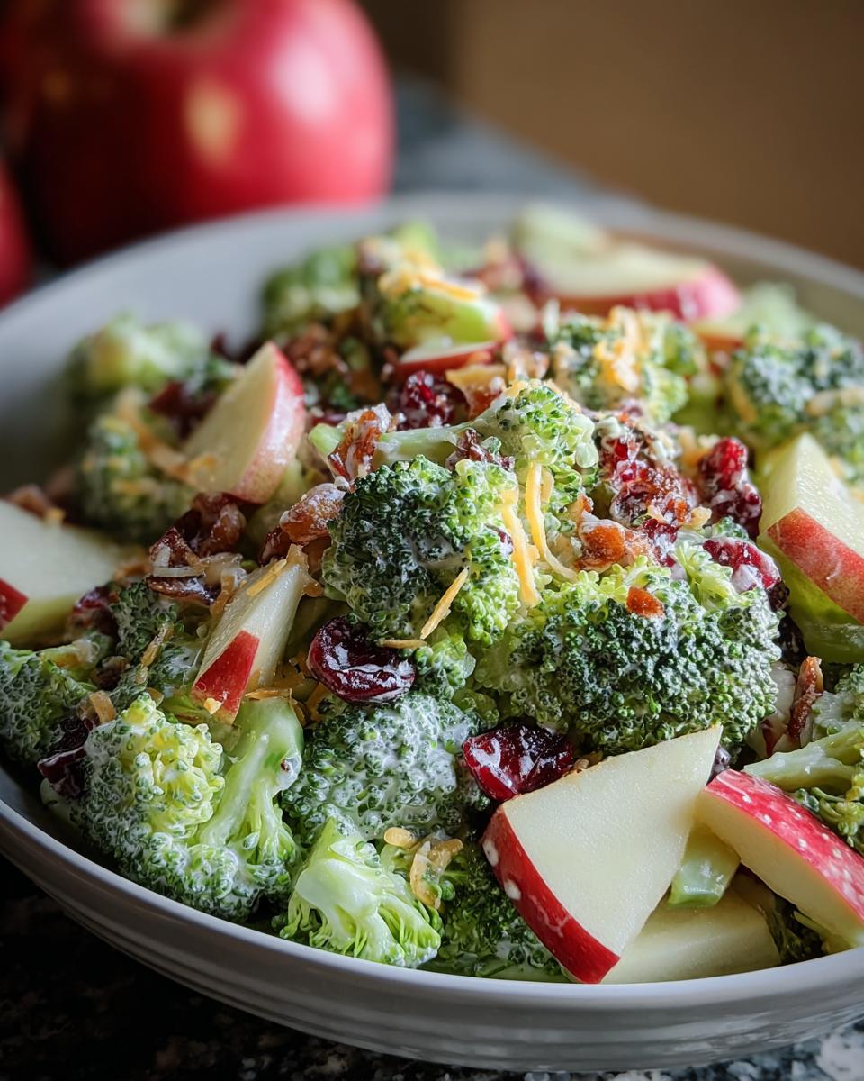 Close-up of creamy Honeycrisp Apple Broccoli Salad featuring broccoli florets, apple slices, dried cranberries, and shredded cheese.