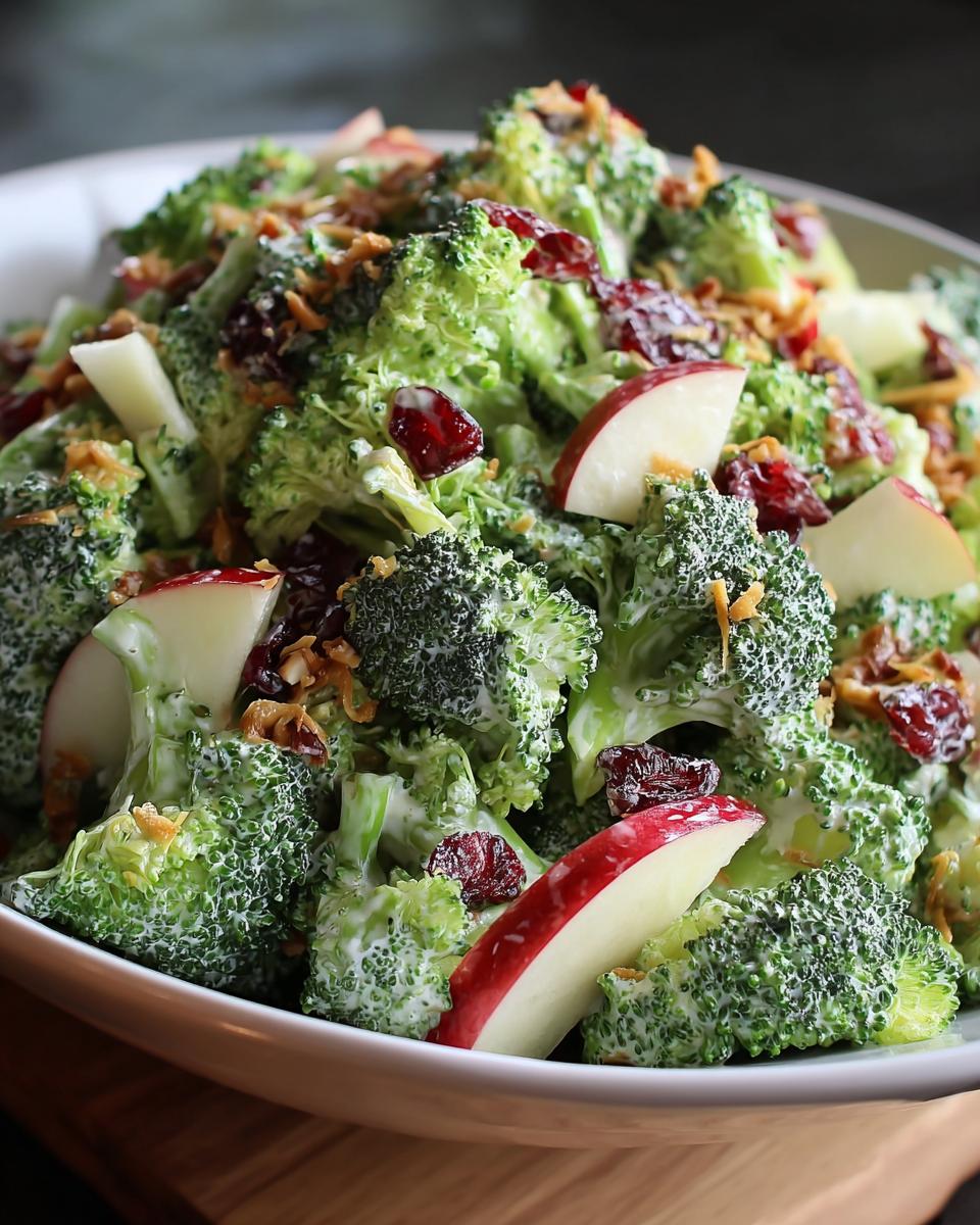 A close-up view of a creamy Honeycrisp Apple Broccoli Salad featuring bright green florets, red apple slices, and dried cranberries.