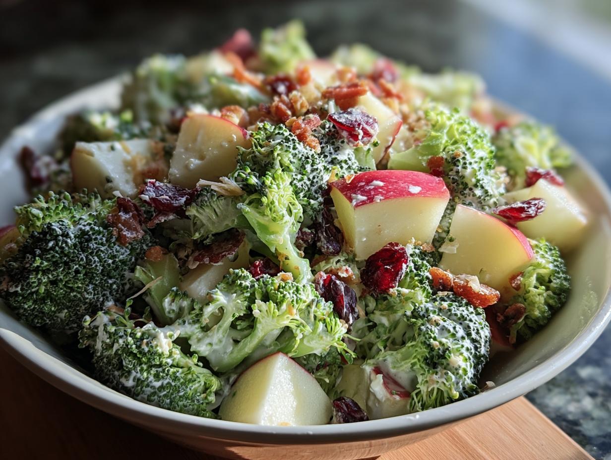 A close-up of a creamy Honeycrisp Apple Broccoli Salad featuring broccoli florets, diced red apples, dried cranberries, and bacon bits.