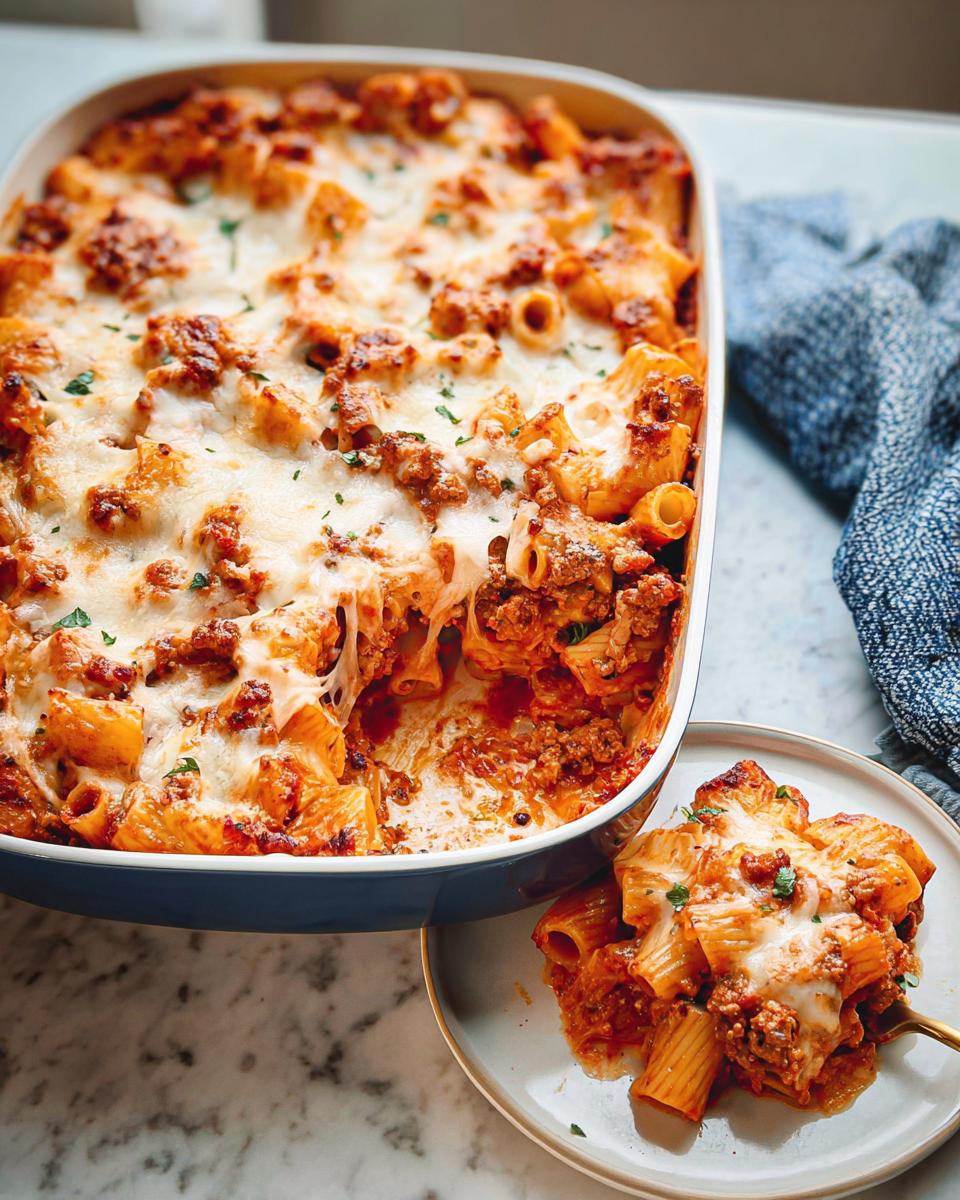 A bubbling Italian Sausage Rigatoni Bake in a blue casserole dish with a serving plated next to it, covered in melted cheese.