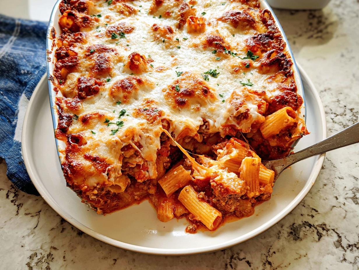 A spoonful being lifted from a freshly baked Italian Sausage Rigatoni Bake, showing melted, bubbly cheese.
